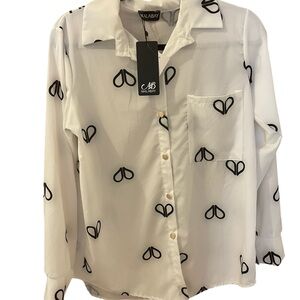 Malabay Blouse, White w/Black Design, Long Sleeves, Gold Buttons, One Si…